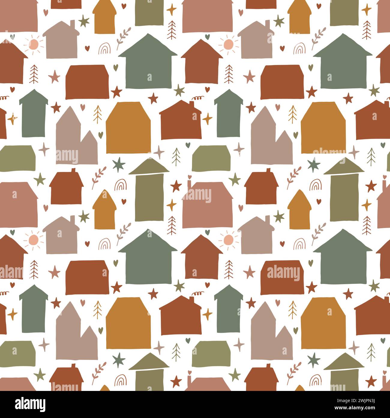 Cute seamless pattern with hand drawn houses. Buildings. Doodle style. Texture for fabric, textile, wrapping, wallpaper. Vector illustration Stock Vector