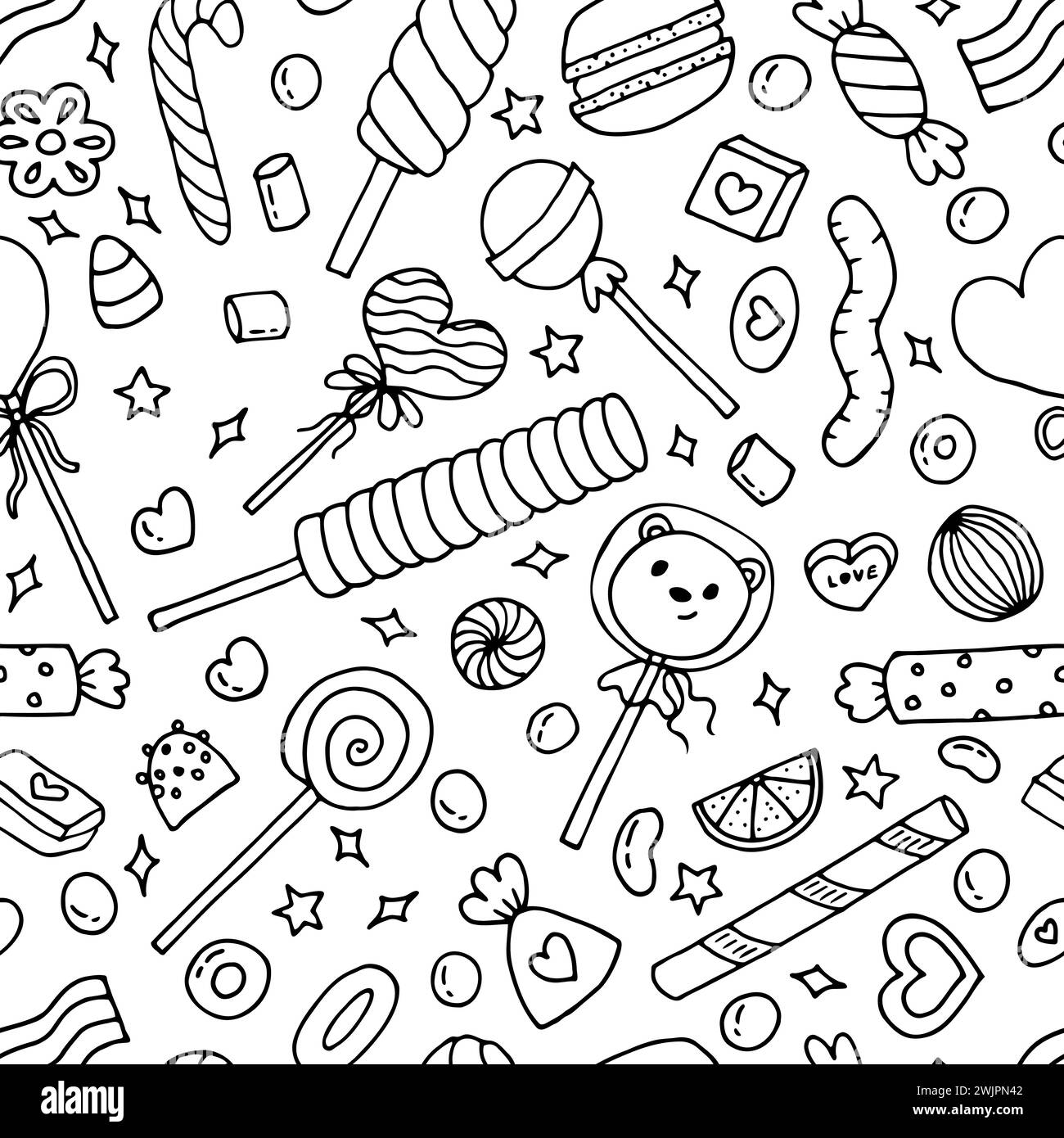 Seamless doodle pattern with candies, sweets and lollipops. Hand drawn background. Great for fabric, textile, wrapping paper. Vector illustration Stock Vector