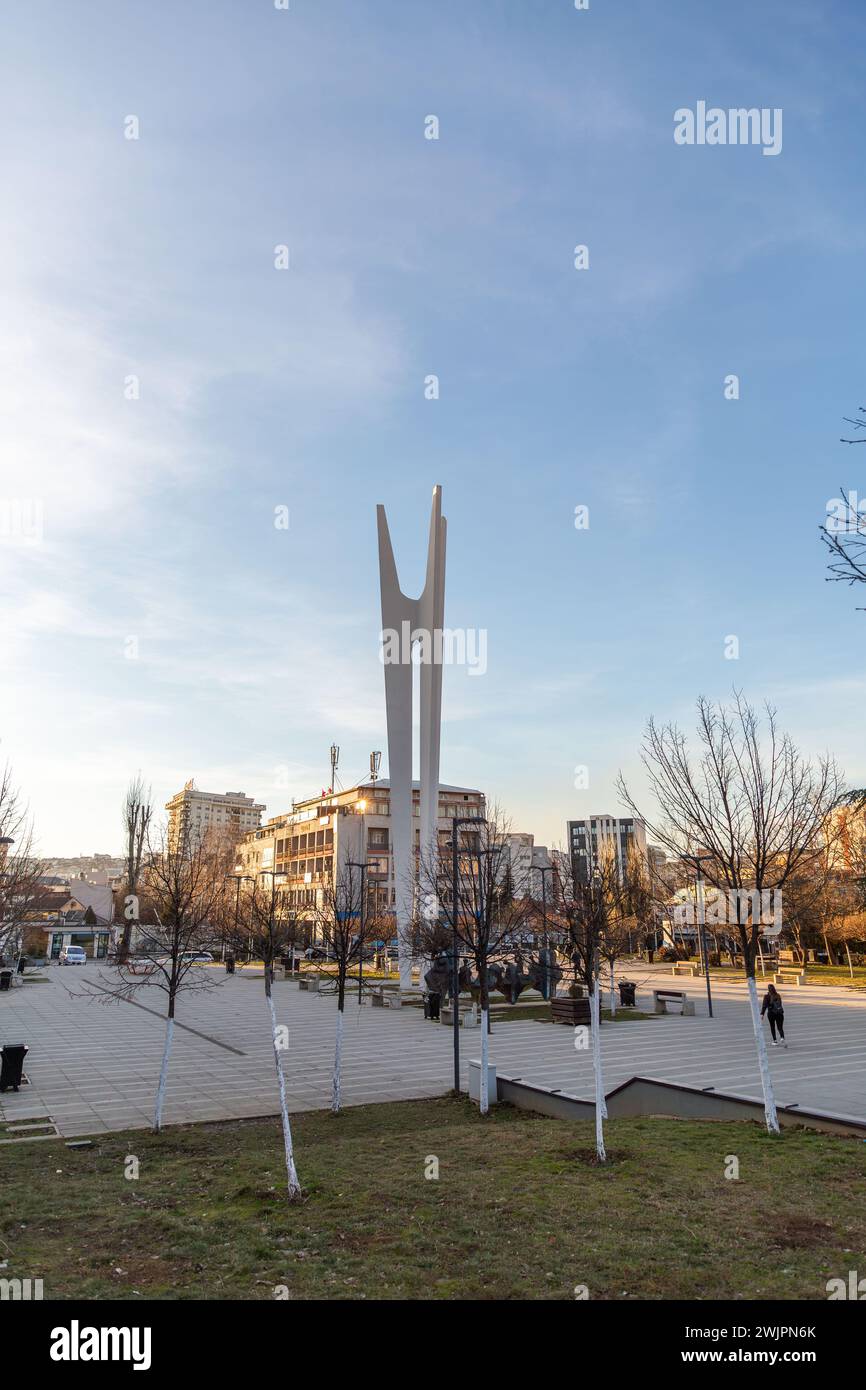 Pristina, Kosovo - February 5, 2024: The Monumnet of Unity and Brotherhood located on Adem Jashari Square in Pristina, the capital of Kosova. Stock Photo