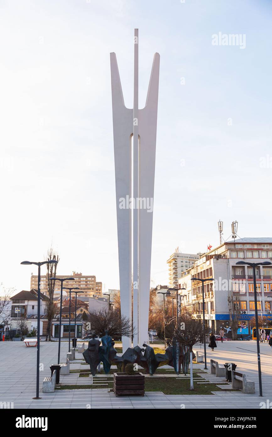Pristina, Kosovo - February 5, 2024: The Monumnet of Unity and Brotherhood located on Adem Jashari Square in Pristina, the capital of Kosova. Stock Photo