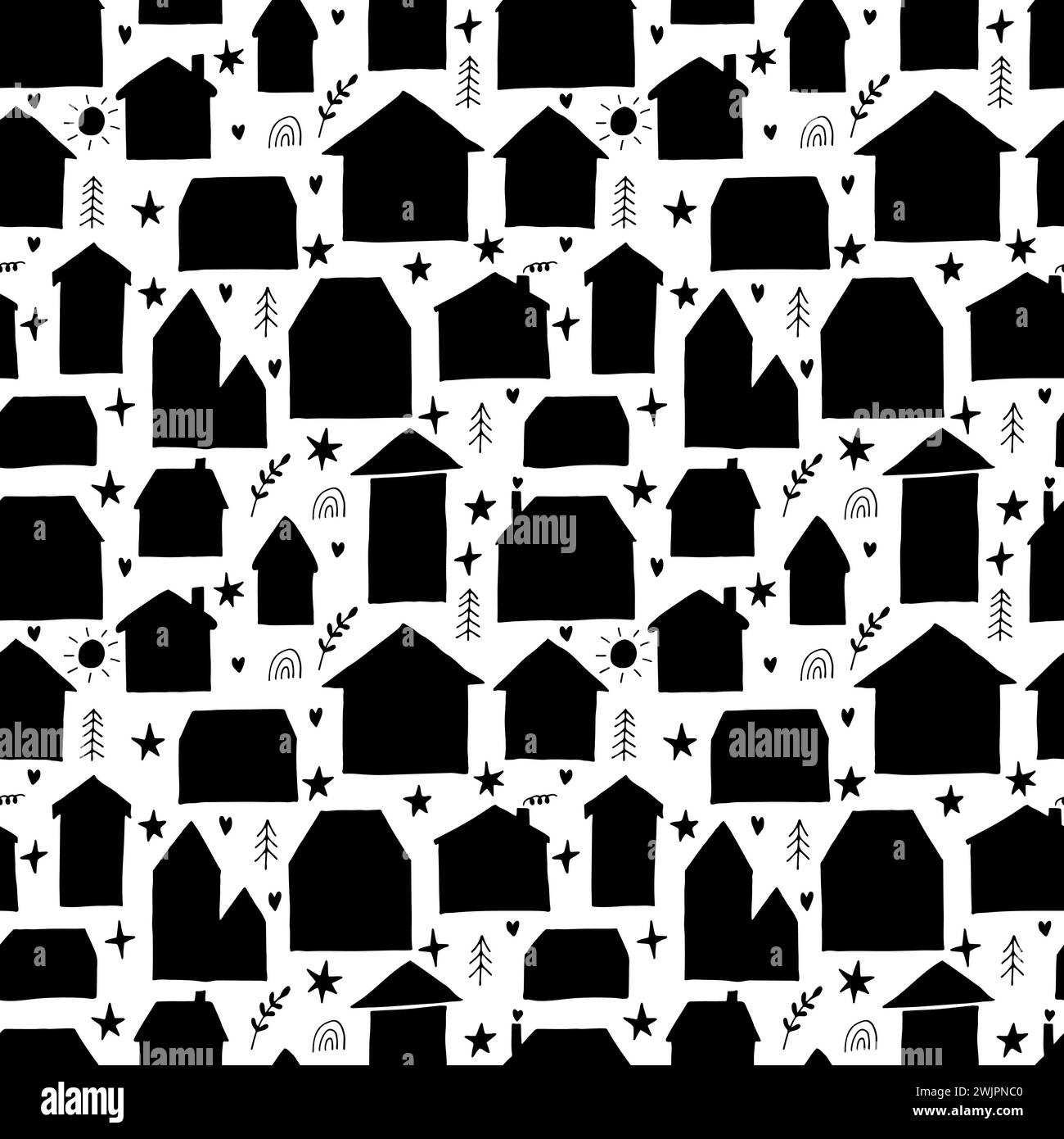 Cute seamless pattern with hand drawn houses. Buildings. Doodle style. Texture for fabric, textile, wrapping, wallpaper. Vector illustration Stock Vector