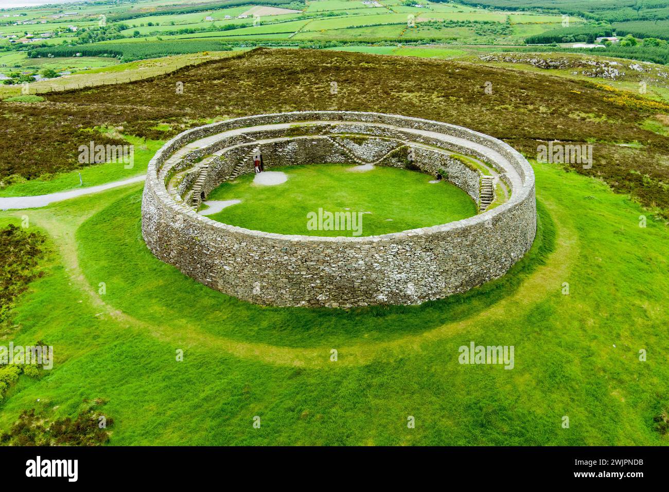 Grianan of Aileach, ancient drystone ring fort, part of lager prehistoric structures complex, located on top of Greenan Mountain in Inishowen, Co. Don Stock Photo