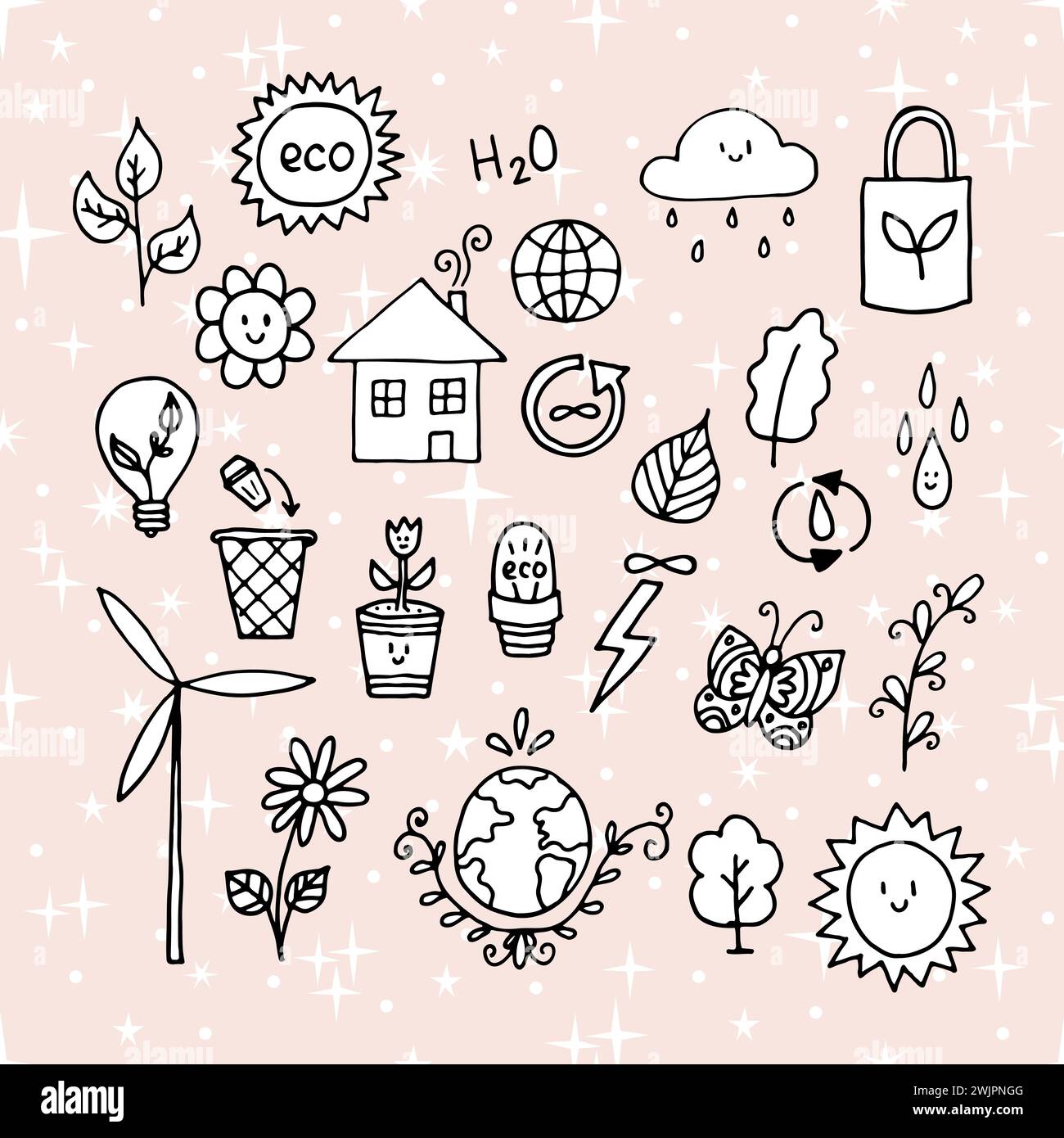 Hand drawn ecology, eco icons. Zero waste concept. Alternative energy ...