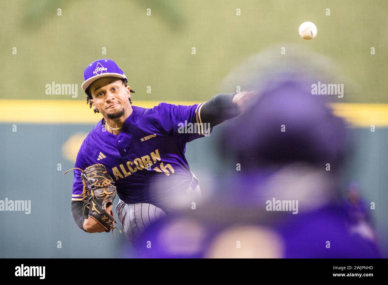 Houston, Texas, USA. 16th Feb, 2024. Alcorn State Braves pitcher Kewan