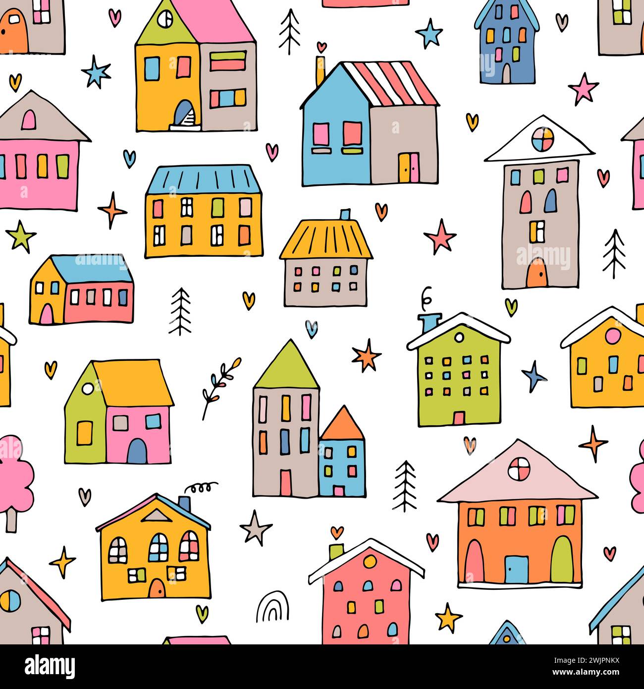 Cute kids seamless pattern with hand drawn houses. Buildings. Doodle style. Texture for fabric, wrapping, wallpaper, textile. Vector illustration Stock Vector