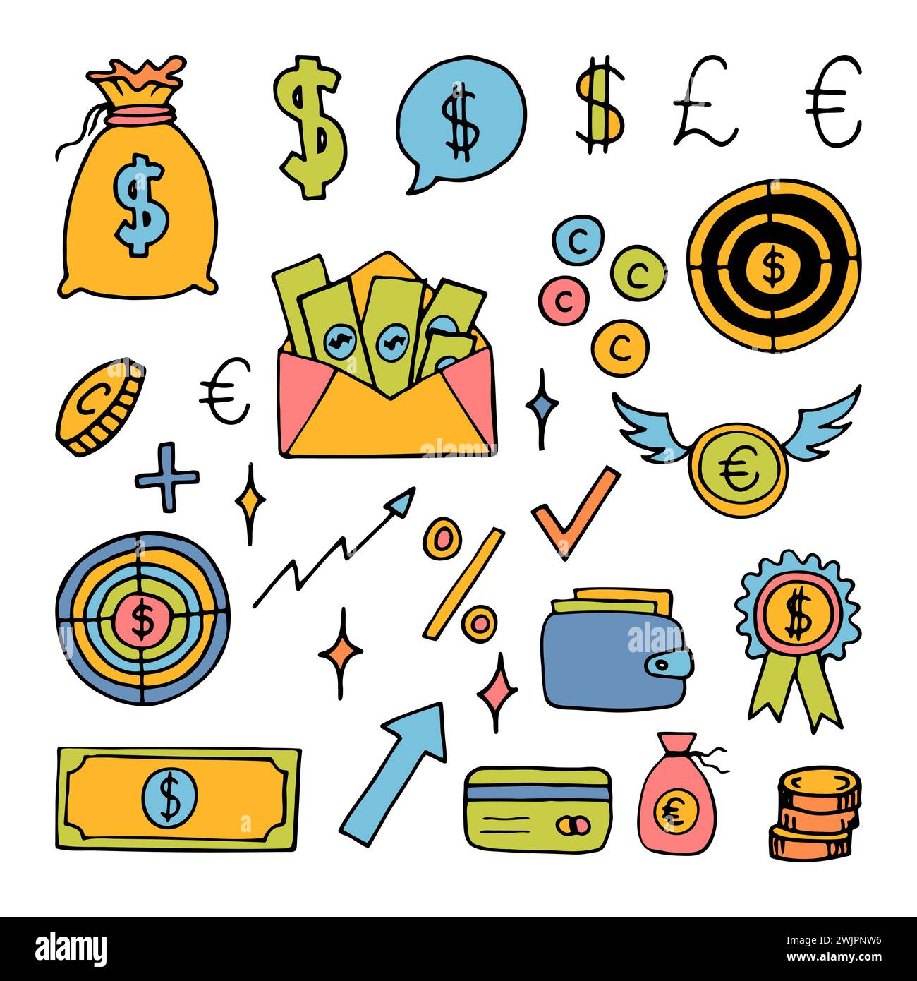 Hand drawn business icons. Finance, money, investment, strategy. Doodle, sketch design. Vector illustration Stock Vector