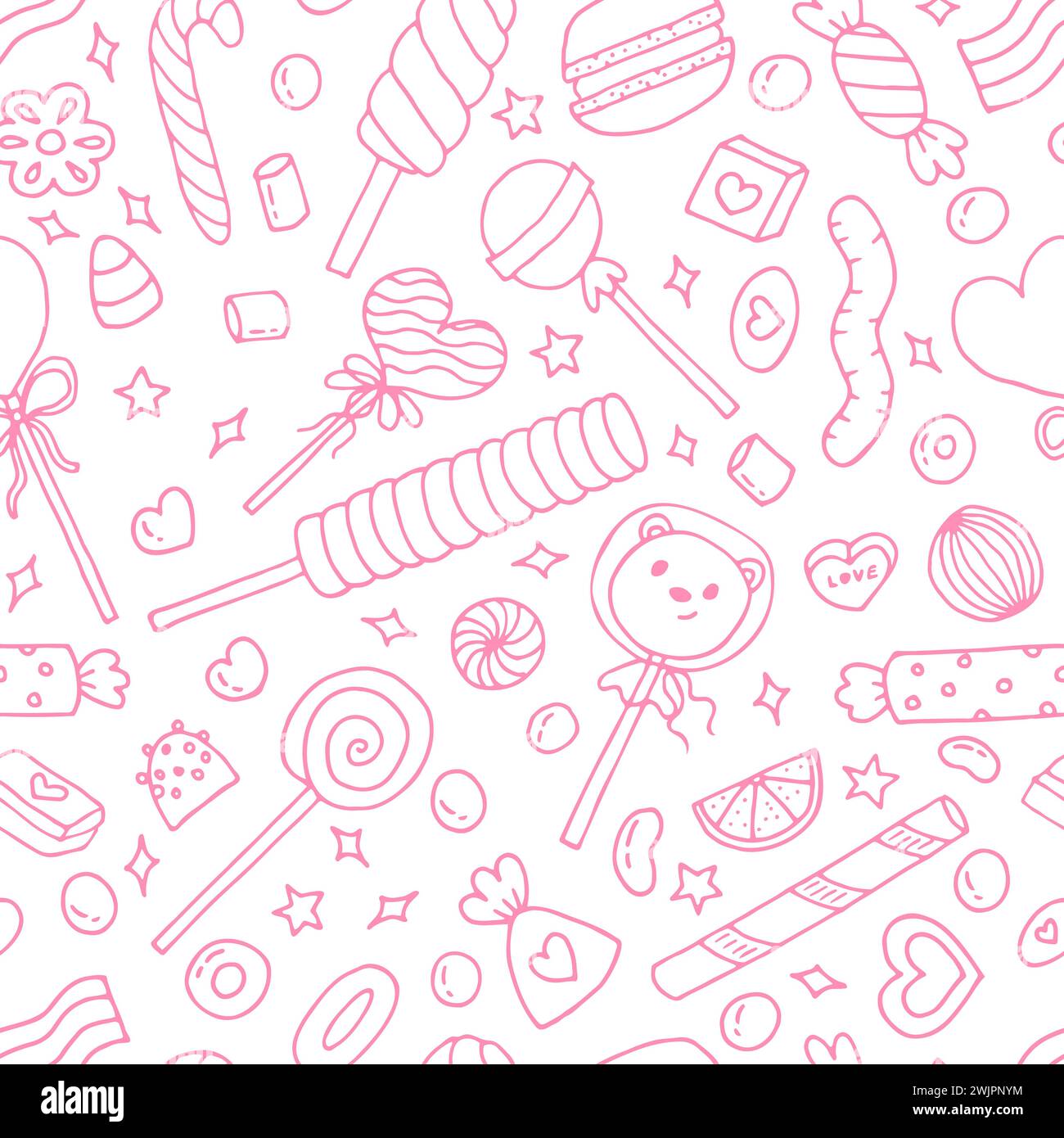 Seamless doodle pattern with candies, sweets and lollipops. Hand drawn ...