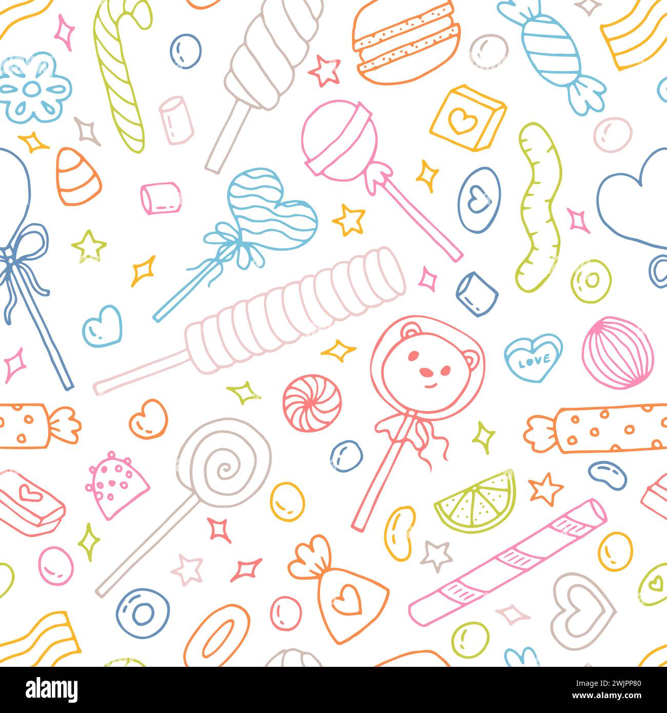 Seamless doodle pattern with candies, sweets and lollipops. Hand drawn ...