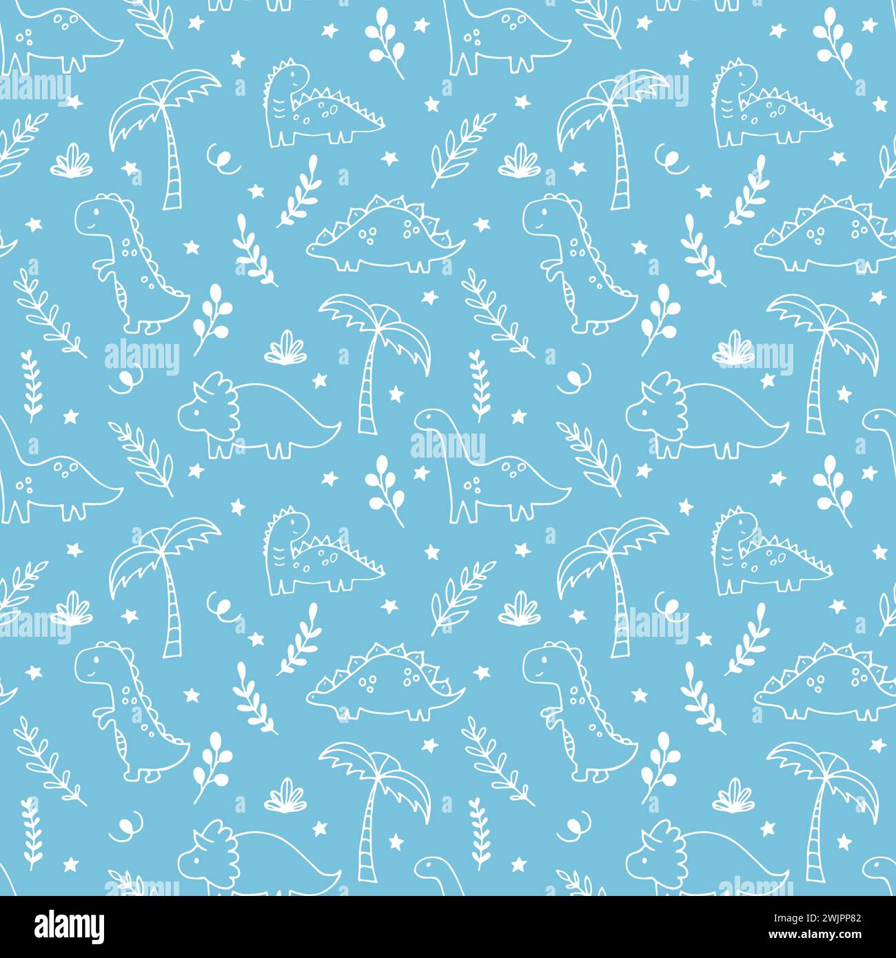 Cute hand drawn seamless pattern with dinosaurs and tropical plants ...