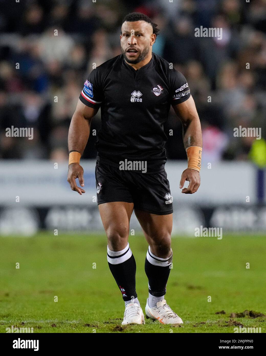St Helens, UK. 16th Feb, 2024. Emmanuel Waine of London Broncos during