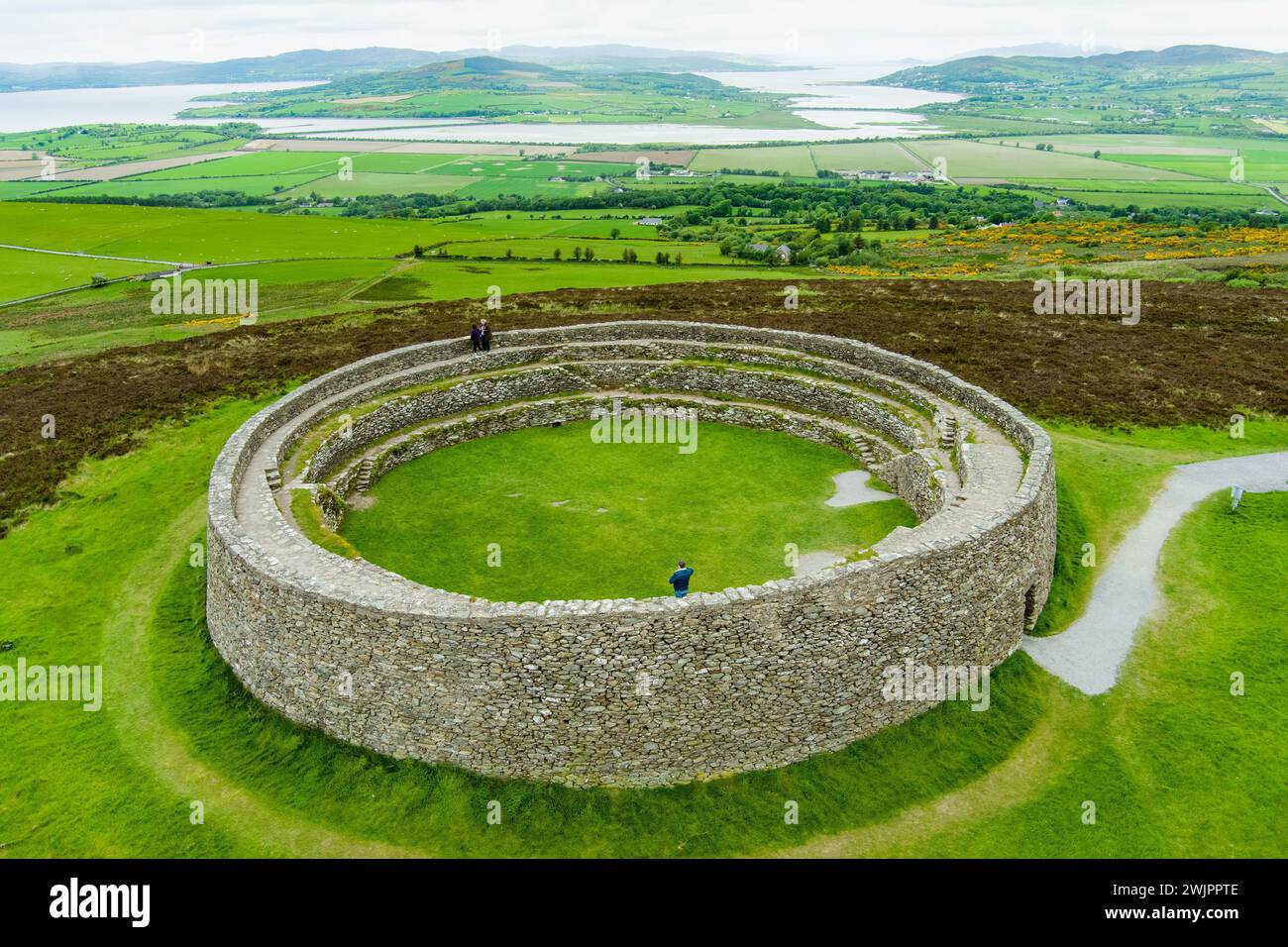 Grianan of Aileach, ancient drystone ring fort, part of lager prehistoric structures complex, located on top of Greenan Mountain in Inishowen, Co. Don Stock Photo