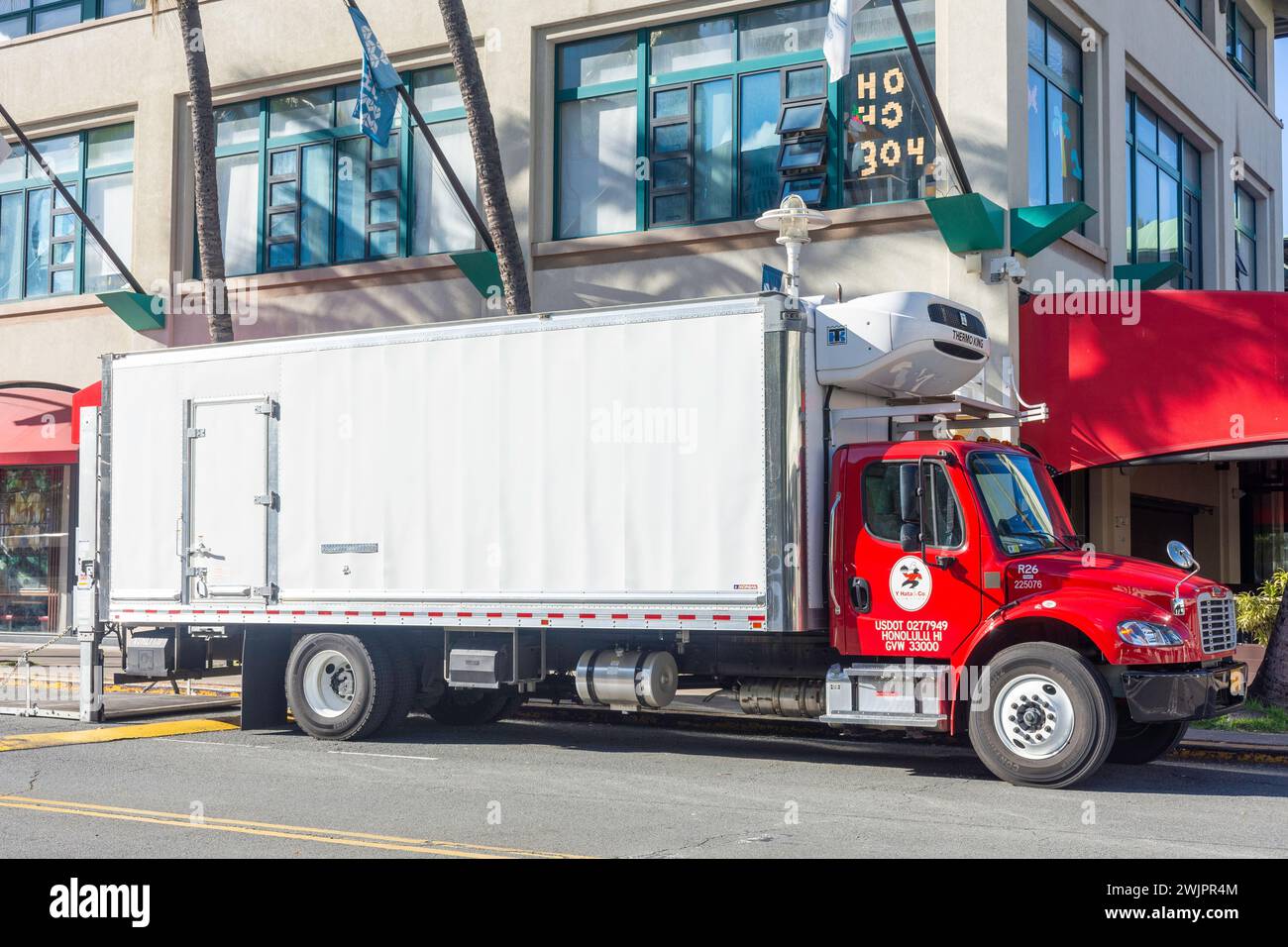 Refrigeration truck delivering food at Aloha Tower Marketplace, Honolulu, Oahu, Hawaii, United States of America Stock Photo