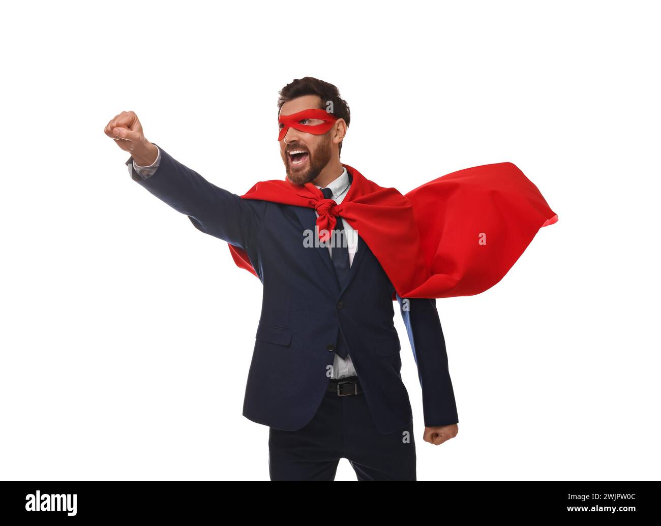 Emotional businessman wearing red superhero cape and mask on white ...