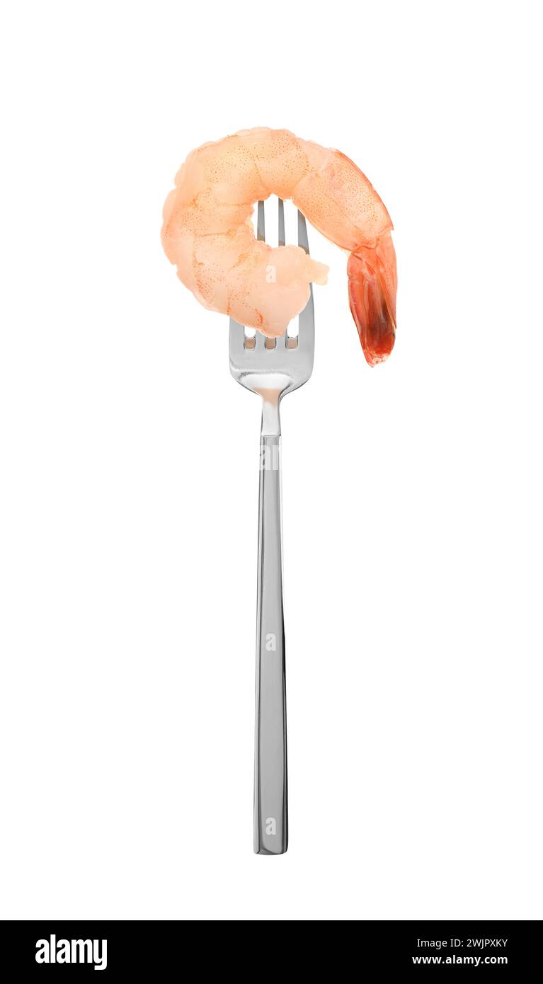 Fork with tasty shrimp isolated on white Stock Photo