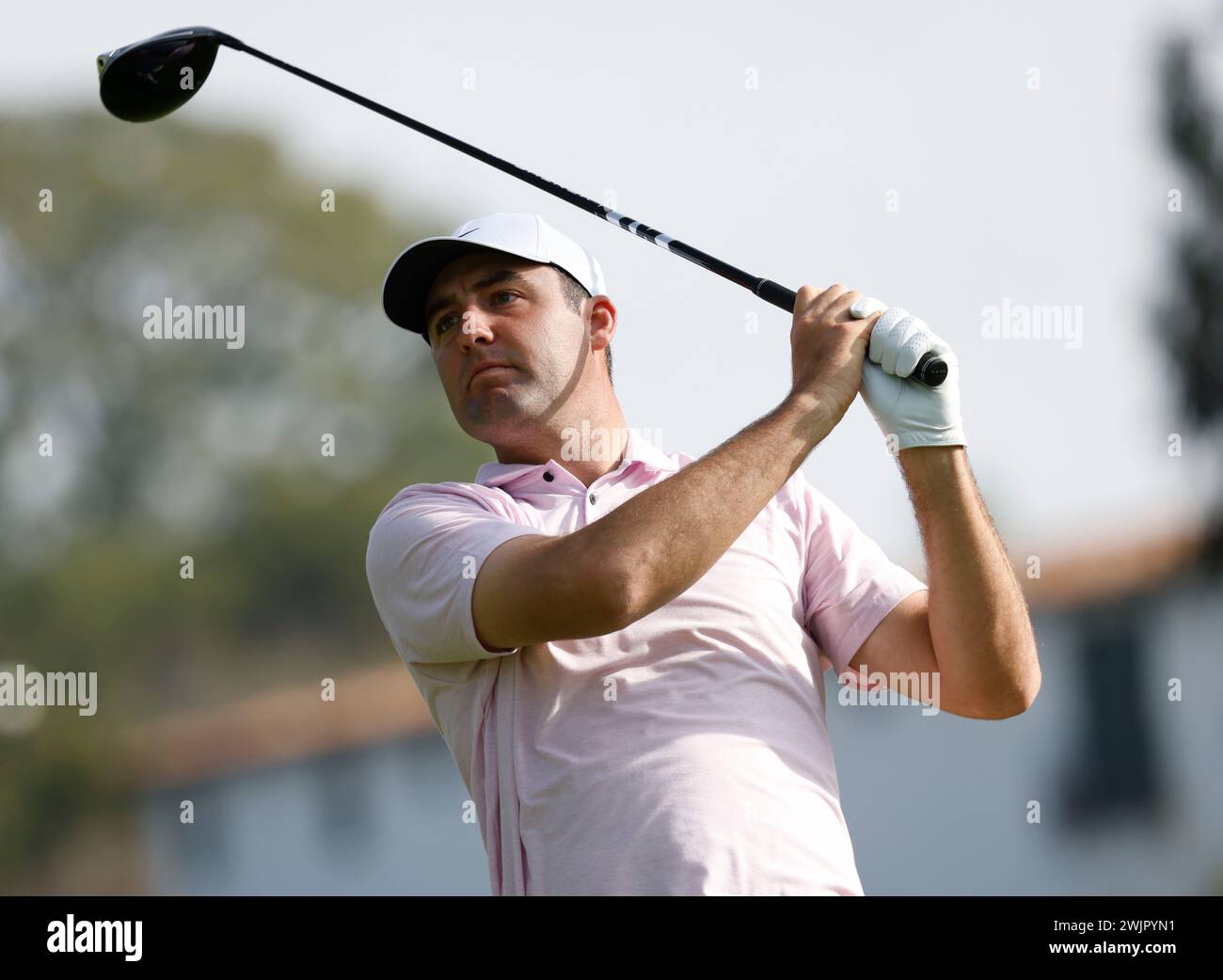February 16, 2024 Scottie Scheffler hits a shot during the second round