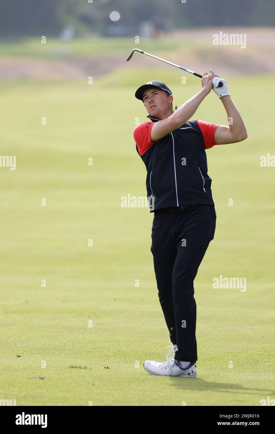 February 16, 2024 Jordan Spieth hits a shot during the second round of
