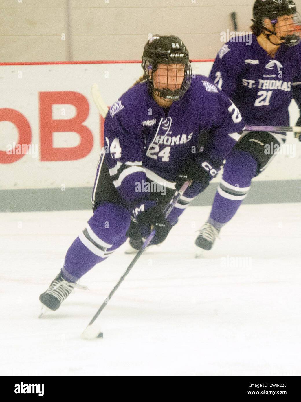 February 16, 2024: St. Thomas Tommies defenseman Haley Maxwell (24) skates with the puck against the Ohio State Buckeyes in their game in Columbus, Ohio. Brent Clark/Cal Sport Media Stock Photo