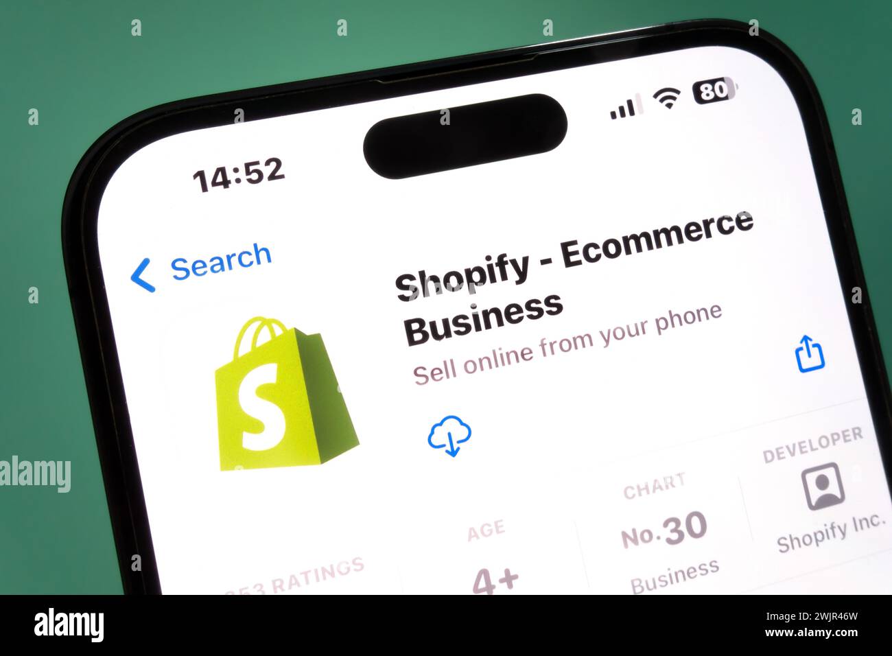 Nanning, China - Feb 16, 2024. Shopify app on a smartphone. Shopify Inc. is a Canadian multinational e-commerce company. Stock Photo