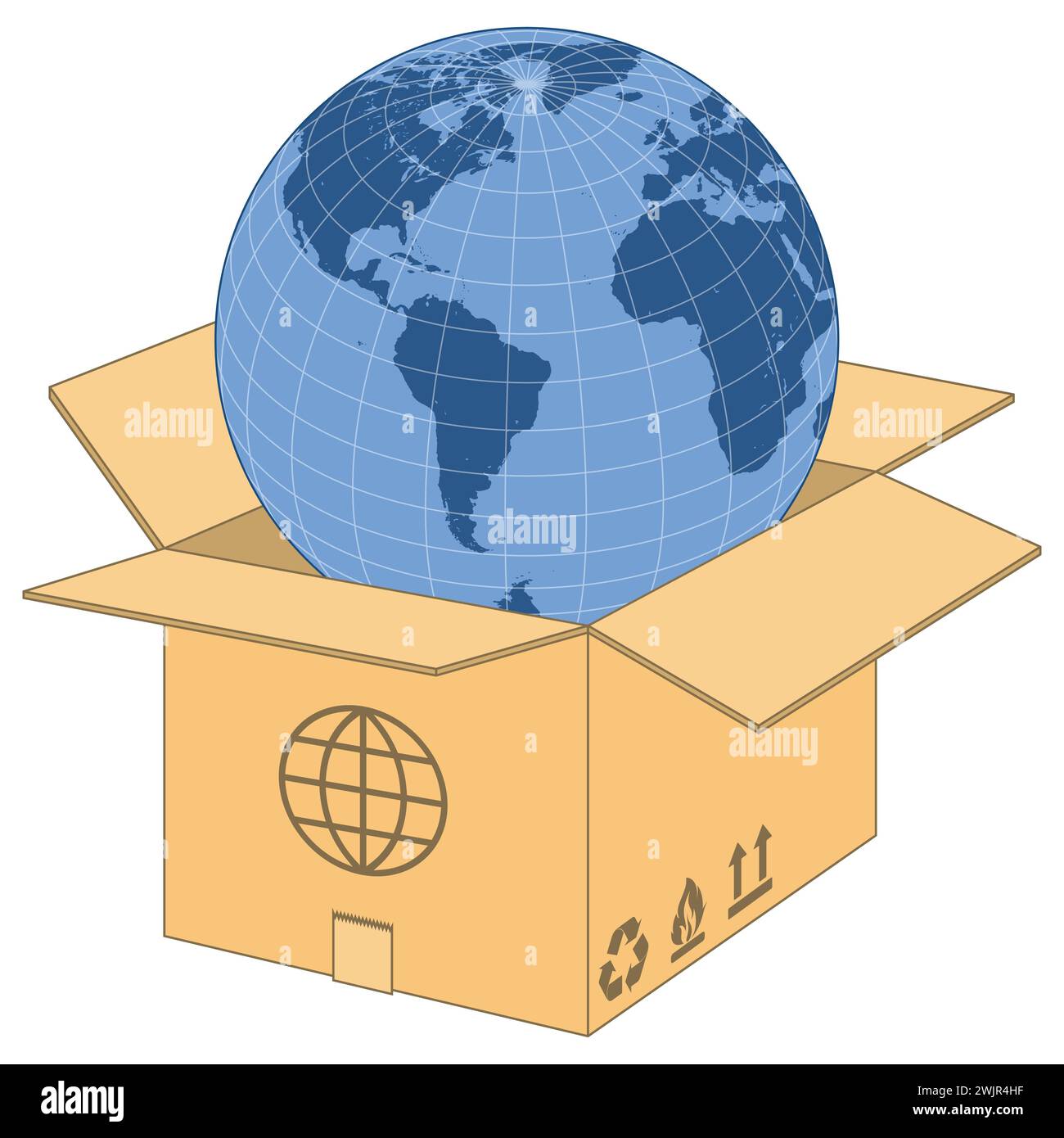 Vector design planet earth coming out of a cardboard box, worldwide shipping box design Stock Vector