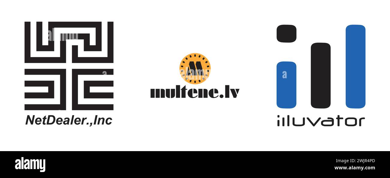 Multene.lv, NetDealer, illuvator. Arts and design editorial logo collection. Stock Vector