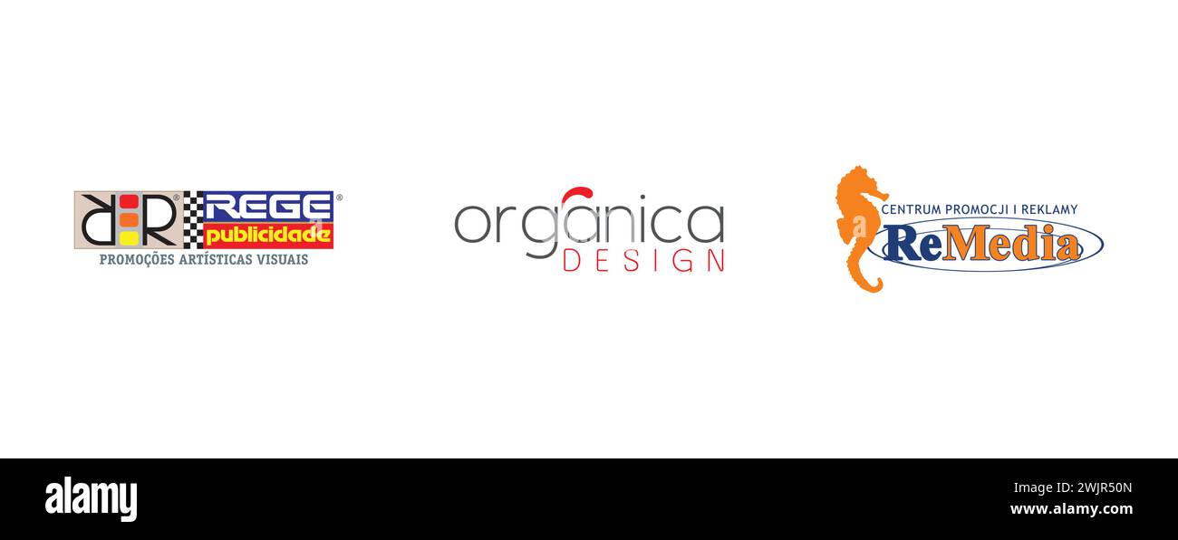 Organica Design, REGE Publicidade, Remedia. Arts and design editorial logo collection. Stock Vector