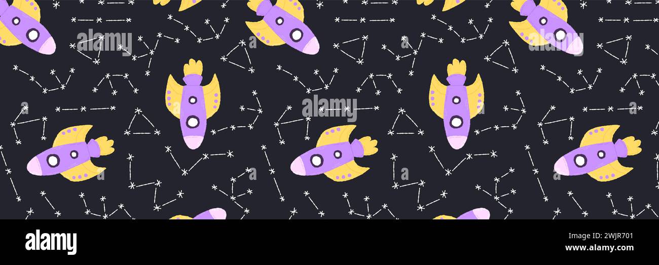 Baby cute seamless pattern with space elements on dark background. Hand ...