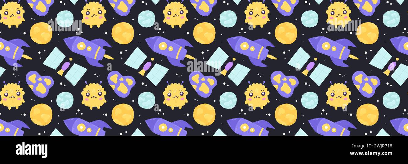 Baby cute seamless pattern with space elements on dark background. Hand ...