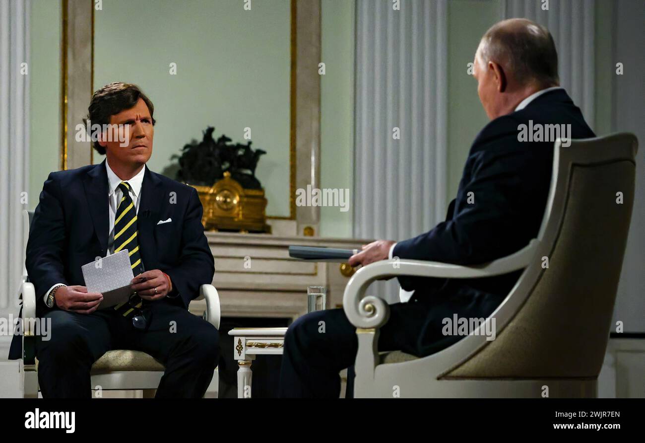 American Right Wing broadcaster, Tucker Carlson interviews Russian President Vladimir Putin in Putin's offices at the Kremlin in Moscow, Russia. Stock Photo
