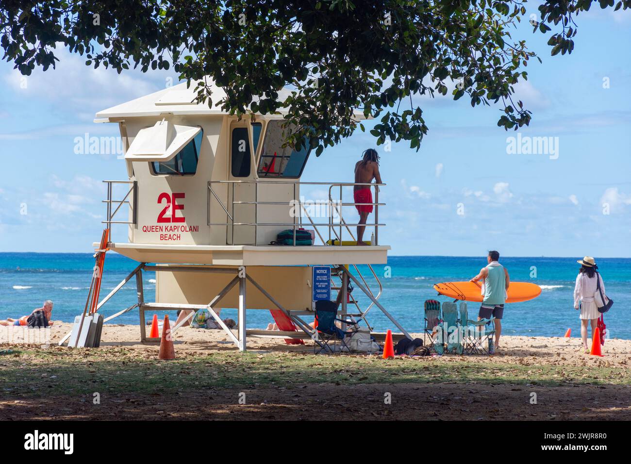 Lifeguard lookout, Queen Kapi'olani Beach, Waikiki, Honolulu, Oahu, Hawaii, United States of America Stock Photo