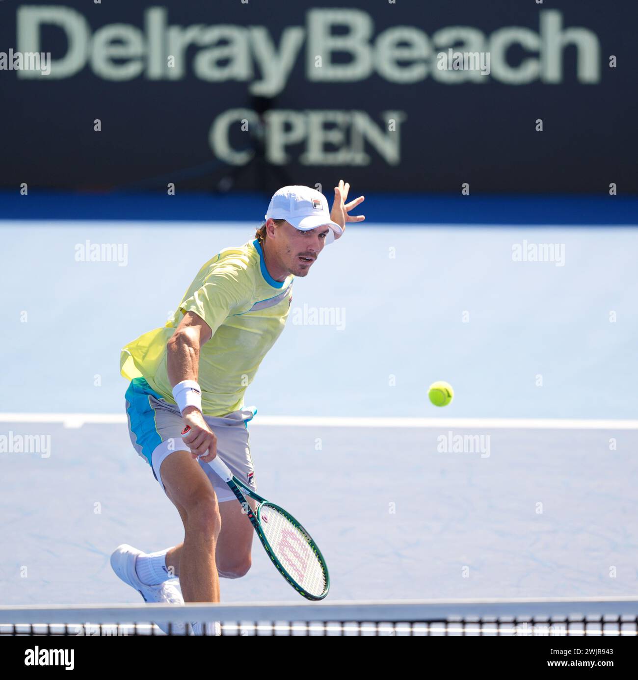 Delray Beach, Florida, USA. 14th Feb, 2024. February, 14 - Delray Beach, FL: Patrick Kypson(USA) in action here, plays Constant Lestienne(GBR) during the first round of the 2024 Delray Beach Open at the Delray Beach Tennis Center. (Credit Image: © Andrew Patron/ZUMA Press Wire) EDITORIAL USAGE ONLY! Not for Commercial USAGE! Stock Photo