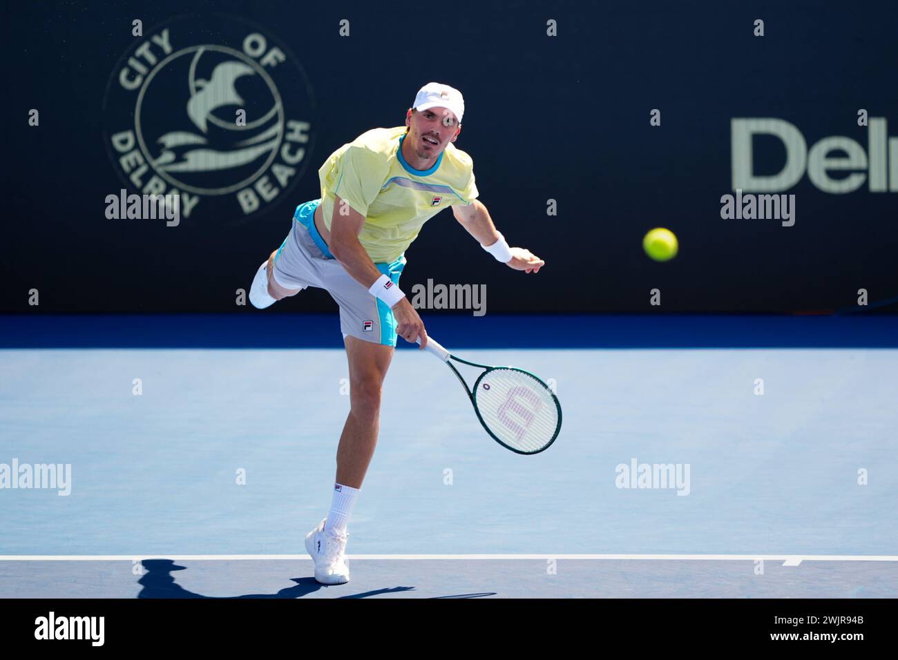 Delray Beach, Florida, USA. 14th Feb, 2024. February, 14 - Delray Beach, FL: Patrick Kypson(USA) in action here, plays Constant Lestienne(GBR) during the first round of the 2024 Delray Beach Open at the Delray Beach Tennis Center. (Credit Image: © Andrew Patron/ZUMA Press Wire) EDITORIAL USAGE ONLY! Not for Commercial USAGE! Stock Photo