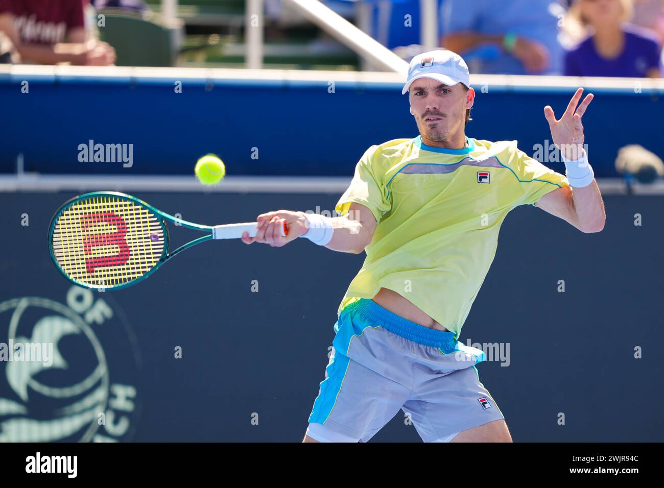 Delray Beach, Florida, USA. 14th Feb, 2024. February, 14 - Delray Beach, FL: Patrick Kypson(USA) in action here, plays Constant Lestienne(GBR) during the first round of the 2024 Delray Beach Open at the Delray Beach Tennis Center. (Credit Image: © Andrew Patron/ZUMA Press Wire) EDITORIAL USAGE ONLY! Not for Commercial USAGE! Stock Photo
