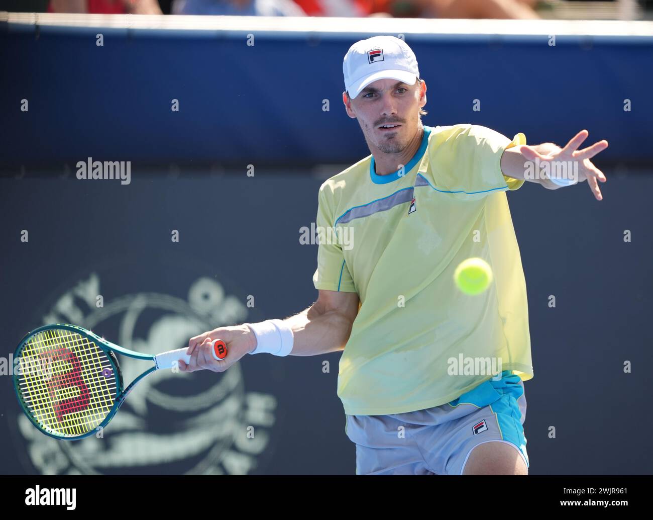 Delray Beach, Florida, USA. 14th Feb, 2024. February, 14 - Delray Beach, FL: Patrick Kypson(USA) in action here, plays Constant Lestienne(GBR) during the first round of the 2024 Delray Beach Open at the Delray Beach Tennis Center. (Credit Image: © Andrew Patron/ZUMA Press Wire) EDITORIAL USAGE ONLY! Not for Commercial USAGE! Stock Photo