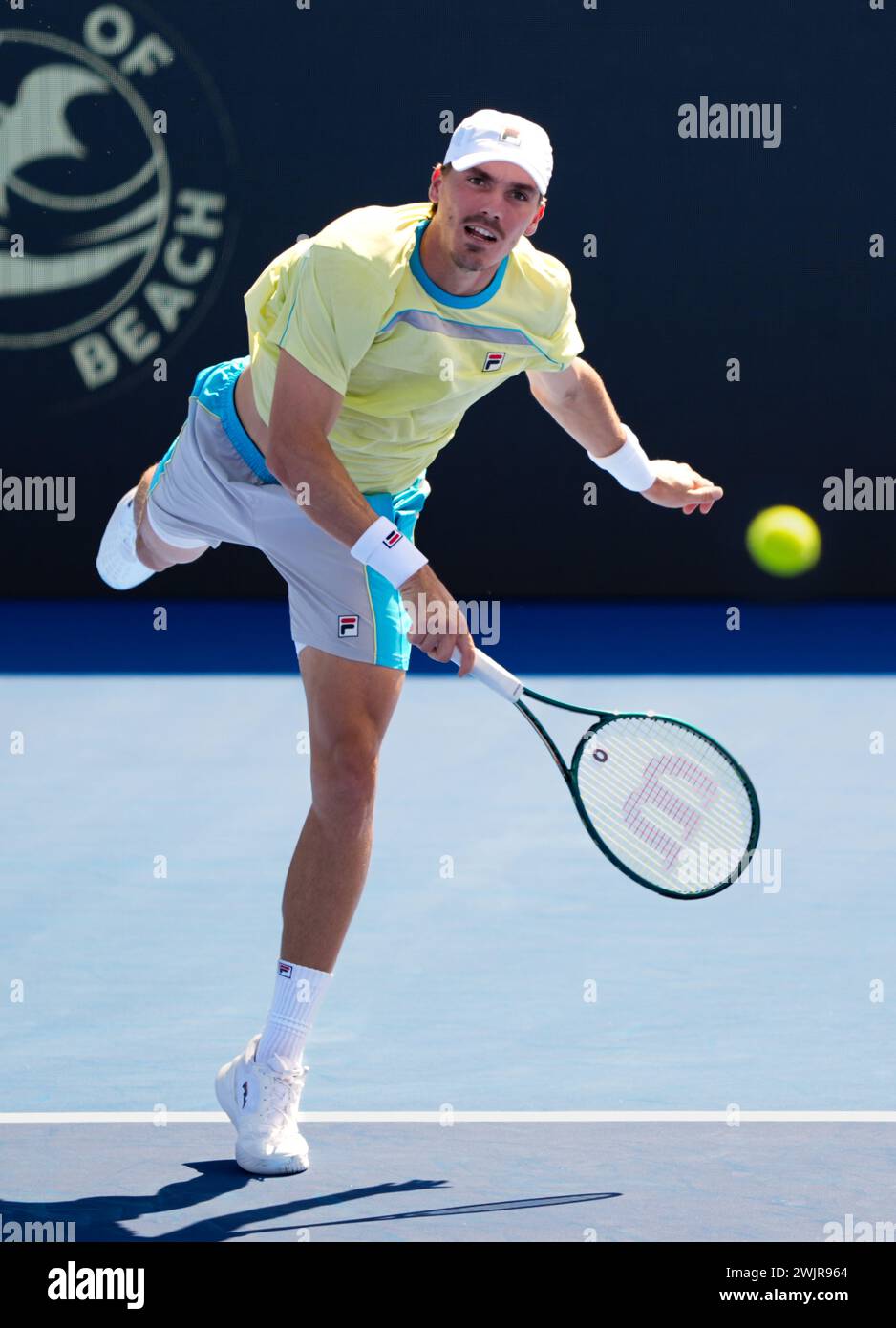 Delray Beach, Florida, USA. 14th Feb, 2024. February, 14 - Delray Beach, FL: Patrick Kypson(USA) in action here, plays Constant Lestienne(GBR) during the first round of the 2024 Delray Beach Open at the Delray Beach Tennis Center. (Credit Image: © Andrew Patron/ZUMA Press Wire) EDITORIAL USAGE ONLY! Not for Commercial USAGE! Stock Photo