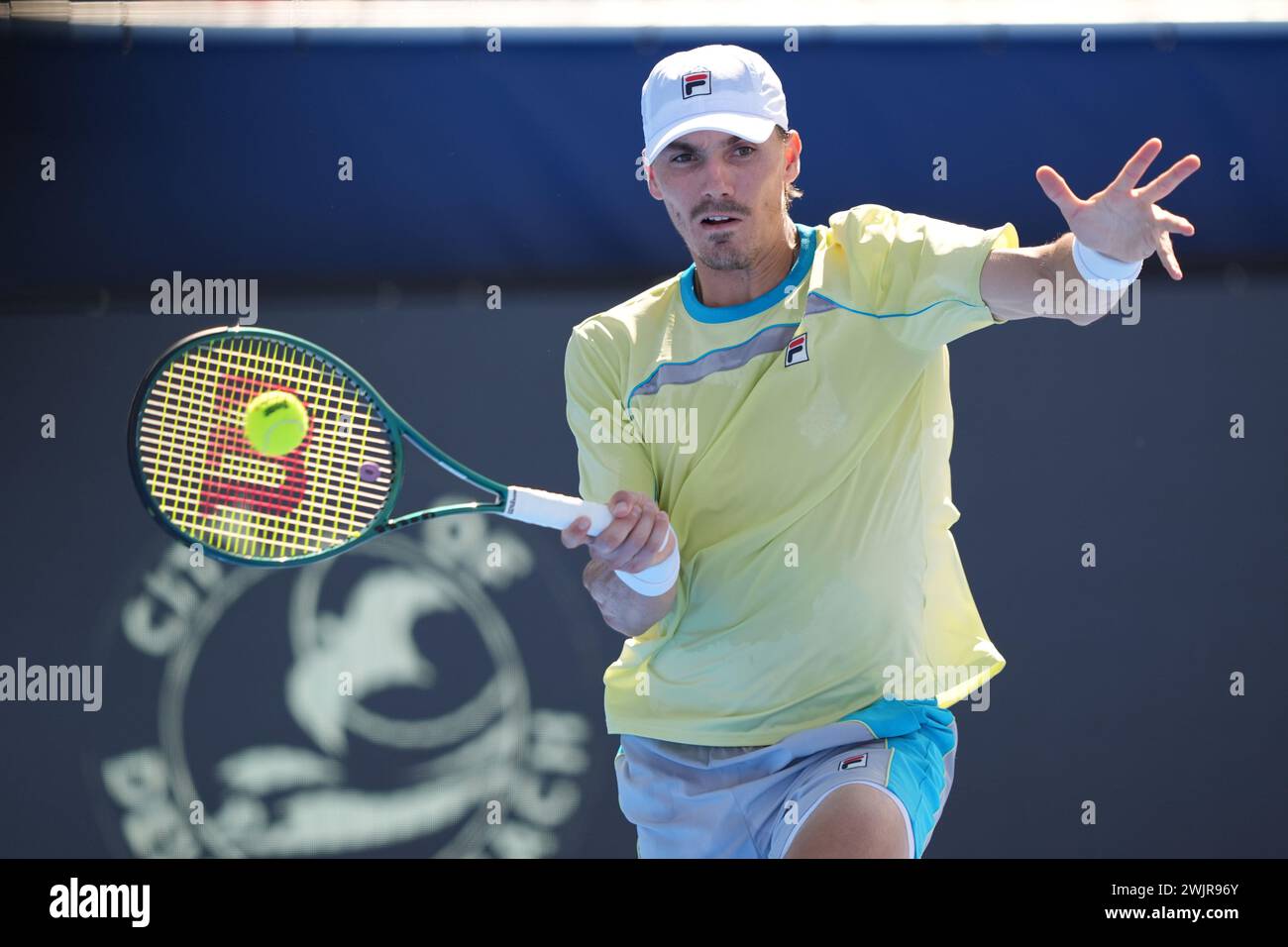 Delray Beach, Florida, USA. 14th Feb, 2024. February, 14 - Delray Beach, FL: Patrick Kypson(USA) in action here, plays Constant Lestienne(GBR) during the first round of the 2024 Delray Beach Open at the Delray Beach Tennis Center. (Credit Image: © Andrew Patron/ZUMA Press Wire) EDITORIAL USAGE ONLY! Not for Commercial USAGE! Stock Photo