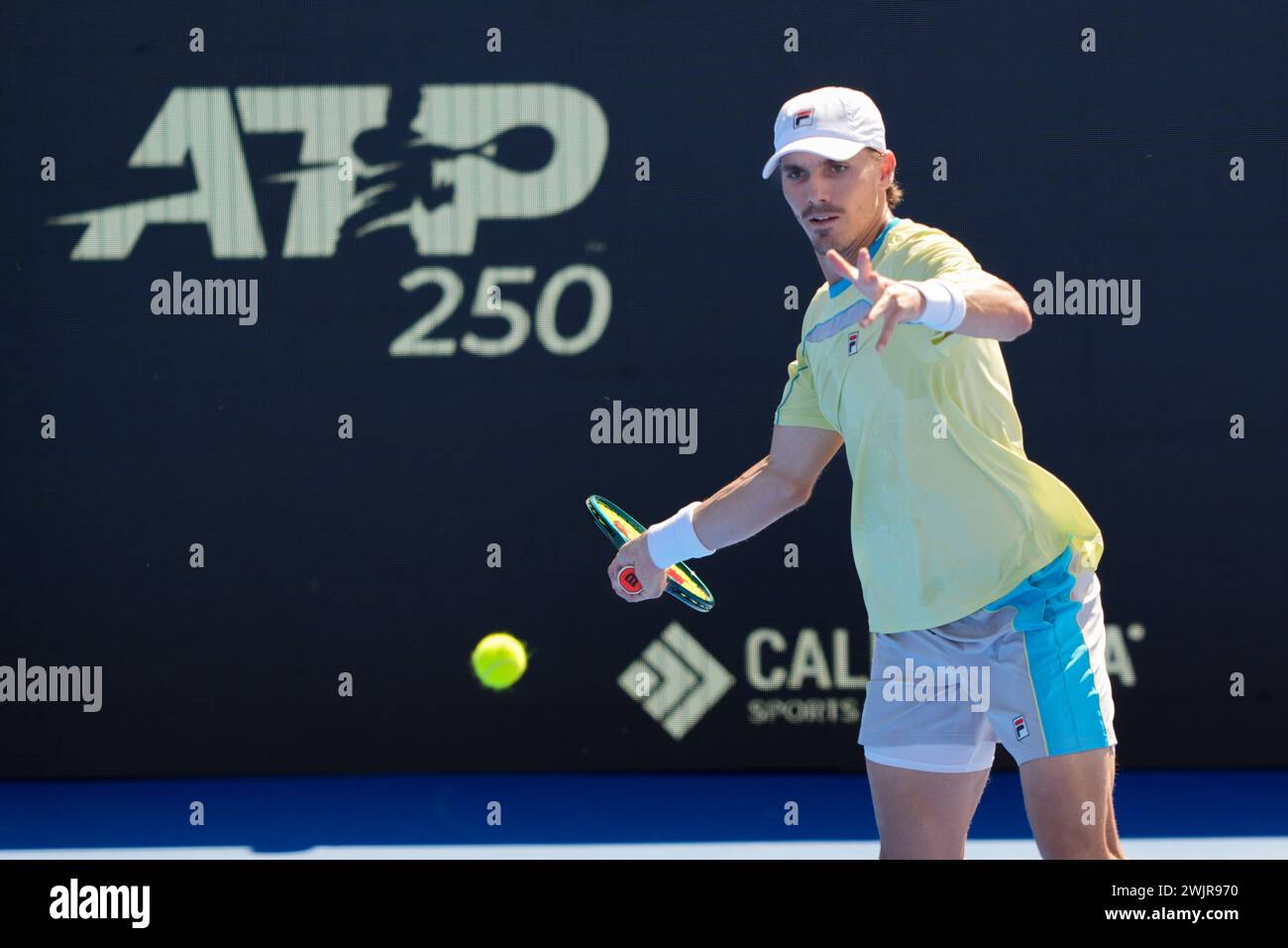 Delray Beach, Florida, USA. 14th Feb, 2024. February, 14 - Delray Beach, FL: Patrick Kypson(USA) in action here, plays Constant Lestienne(GBR) during the first round of the 2024 Delray Beach Open at the Delray Beach Tennis Center. (Credit Image: © Andrew Patron/ZUMA Press Wire) EDITORIAL USAGE ONLY! Not for Commercial USAGE! Stock Photo