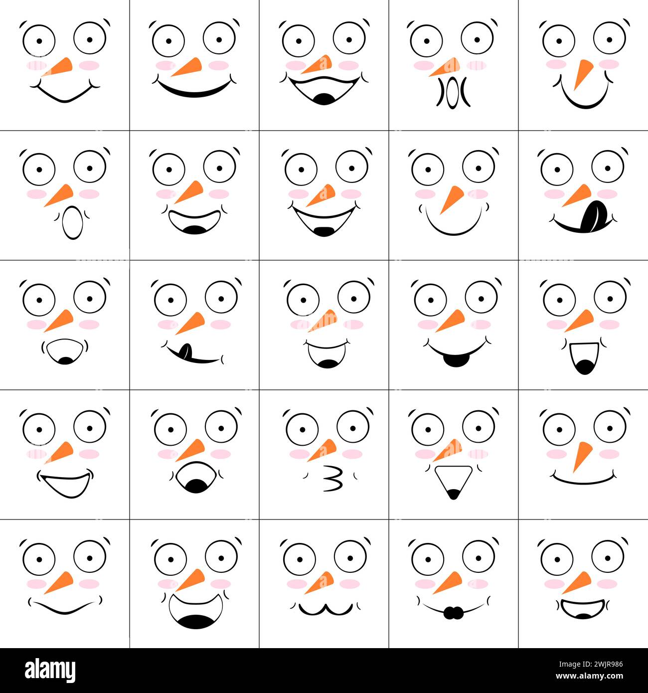 Set of faces of snowmen with smiles, laughter and nose with carrot. Collection of emoticons and emoji. Isolated vector illustrations, icons. Stock Vector