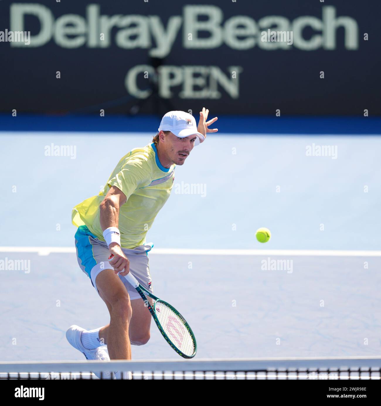 Delray Beach, Florida, USA. 14th Feb, 2024. February, 14 - Delray Beach, FL: Patrick Kypson(USA) in action here, plays Constant Lestienne(GBR) during the first round of the 2024 Delray Beach Open at the Delray Beach Tennis Center. (Credit Image: © Andrew Patron/ZUMA Press Wire) EDITORIAL USAGE ONLY! Not for Commercial USAGE! Stock Photo