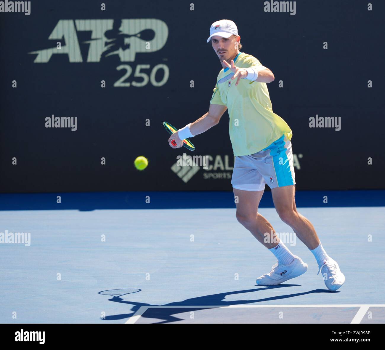 Delray Beach, Florida, USA. 14th Feb, 2024. February, 14 - Delray Beach, FL: Patrick Kypson(USA) in action here, plays Constant Lestienne(GBR) during the first round of the 2024 Delray Beach Open at the Delray Beach Tennis Center. (Credit Image: © Andrew Patron/ZUMA Press Wire) EDITORIAL USAGE ONLY! Not for Commercial USAGE! Stock Photo