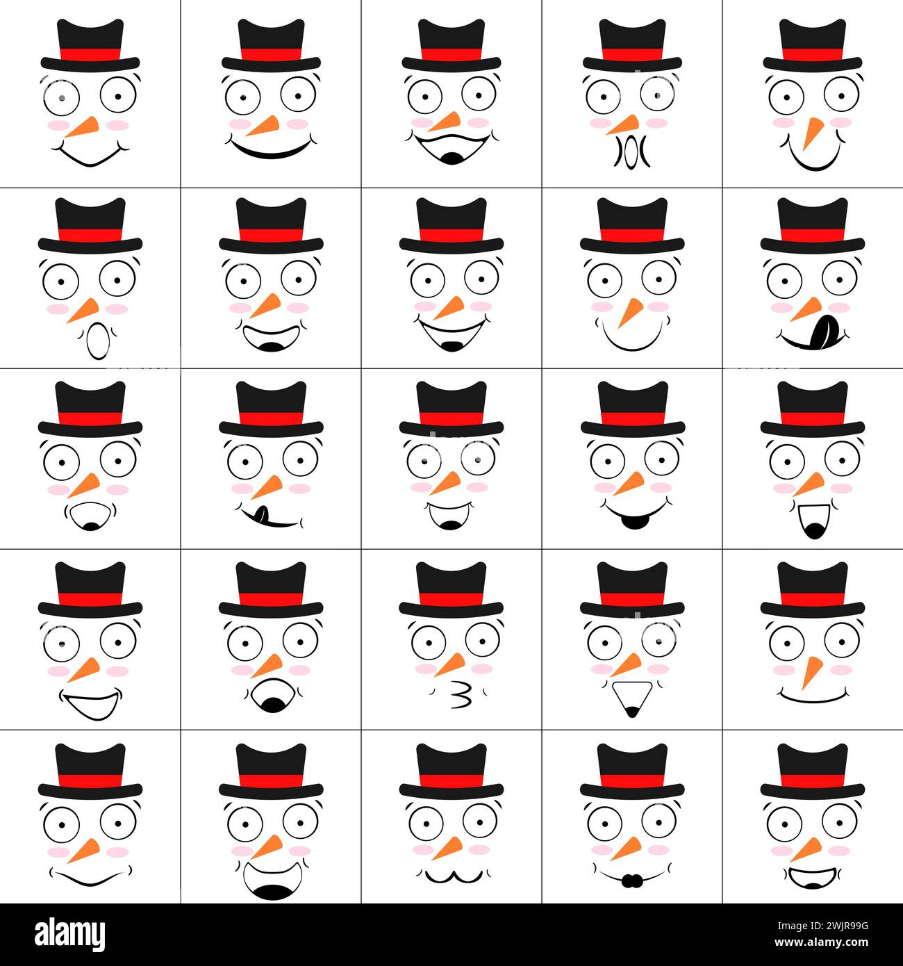 Set of faces of snowmen with smiles, laughter, nose with carrot and hats. Collection of emoticons and emoji. Isolated vector illustrations, icons. Stock Vector