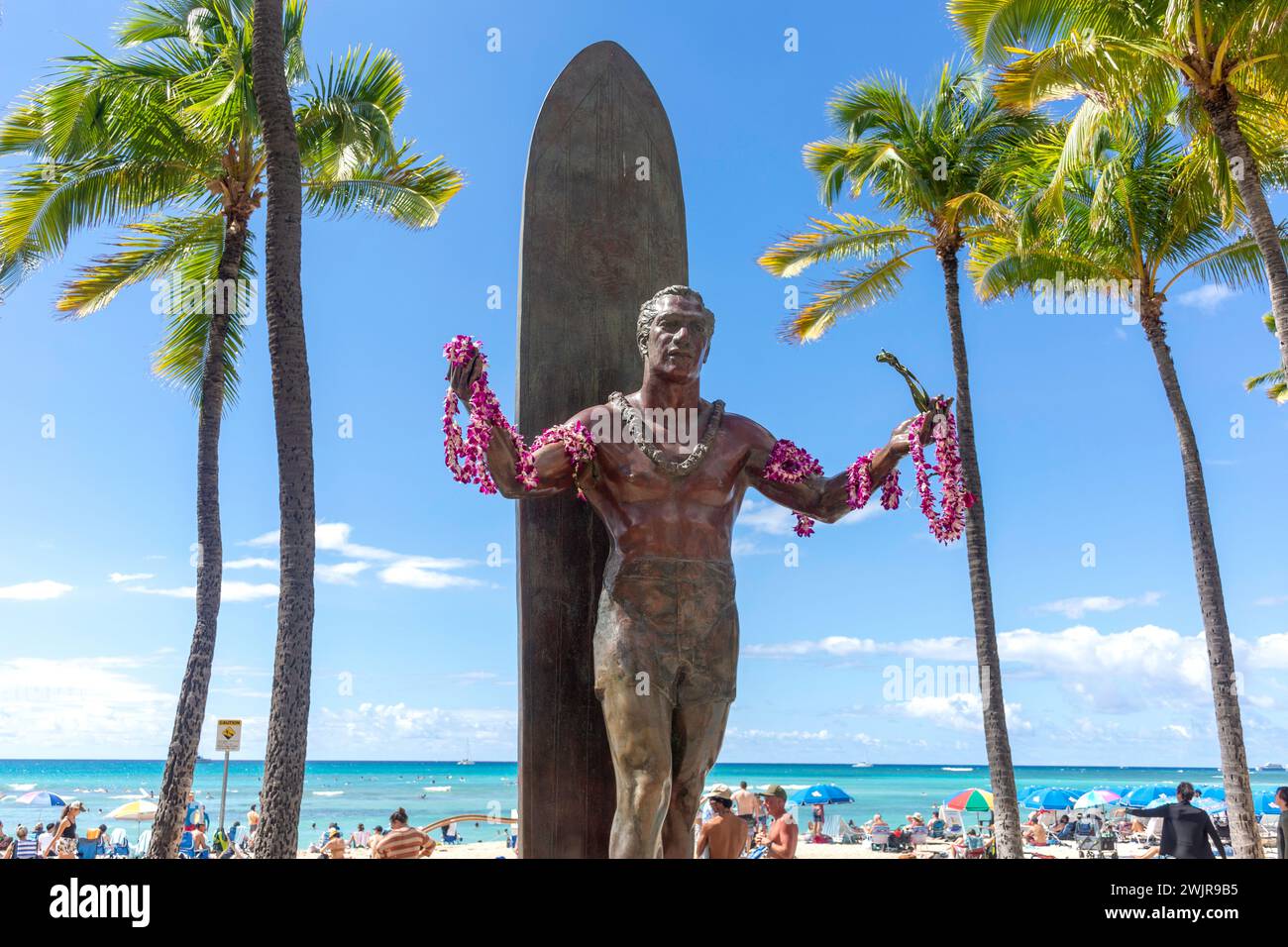 Duke Paoa Kahanamoku statue on Waikiki Beach, Waikiki, Honolulu, Oahu, Hawaii, United States of America Stock Photo