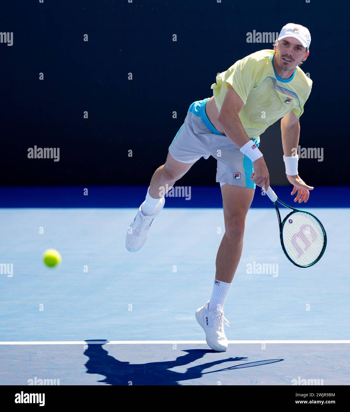 Delray Beach, Florida, USA. 14th Feb, 2024. February, 14 - Delray Beach, FL: Patrick Kypson(USA) in action here, plays Constant Lestienne(GBR) during the first round of the 2024 Delray Beach Open at the Delray Beach Tennis Center. (Credit Image: © Andrew Patron/ZUMA Press Wire) EDITORIAL USAGE ONLY! Not for Commercial USAGE! Stock Photo