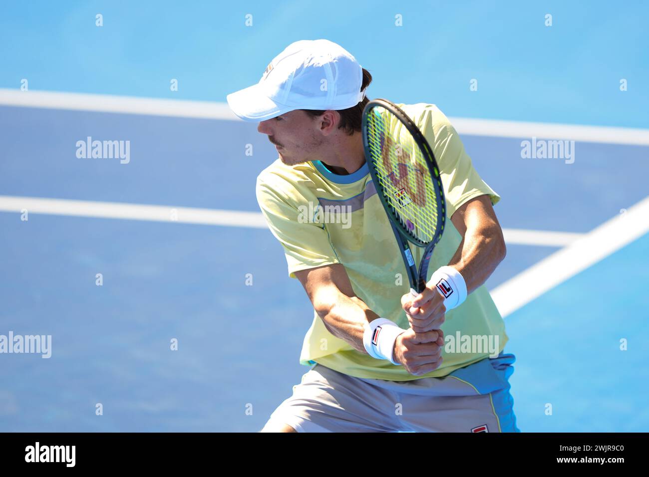 Delray Beach, Florida, USA. 14th Feb, 2024. February, 14 - Delray Beach, FL: Patrick Kypson(USA) in action here, plays Constant Lestienne(GBR) during the first round of the 2024 Delray Beach Open at the Delray Beach Tennis Center. (Credit Image: © Andrew Patron/ZUMA Press Wire) EDITORIAL USAGE ONLY! Not for Commercial USAGE! Stock Photo