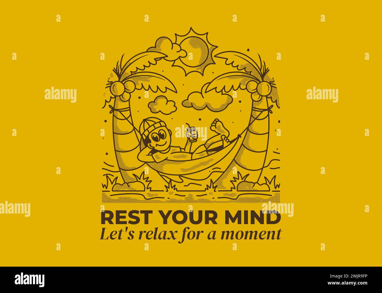 Rest your mind, let's relax for a moment. Retro illustration of a guy hanging on the hammock Stock Vector