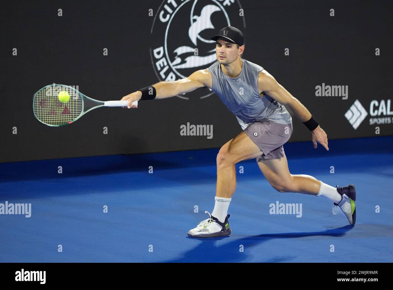 Delray Beach, Florida, USA. 16th Feb, 2024. February, 16 - Delray Beach, FL: Marcos Giron(USA) in action here, defeats Patrick Kypson(USA) during the first round of the 2024 Delray Beach Open at the Delray Beach Tennis Center. (Credit Image: © Andrew Patron/ZUMA Press Wire) EDITORIAL USAGE ONLY! Not for Commercial USAGE! Stock Photo