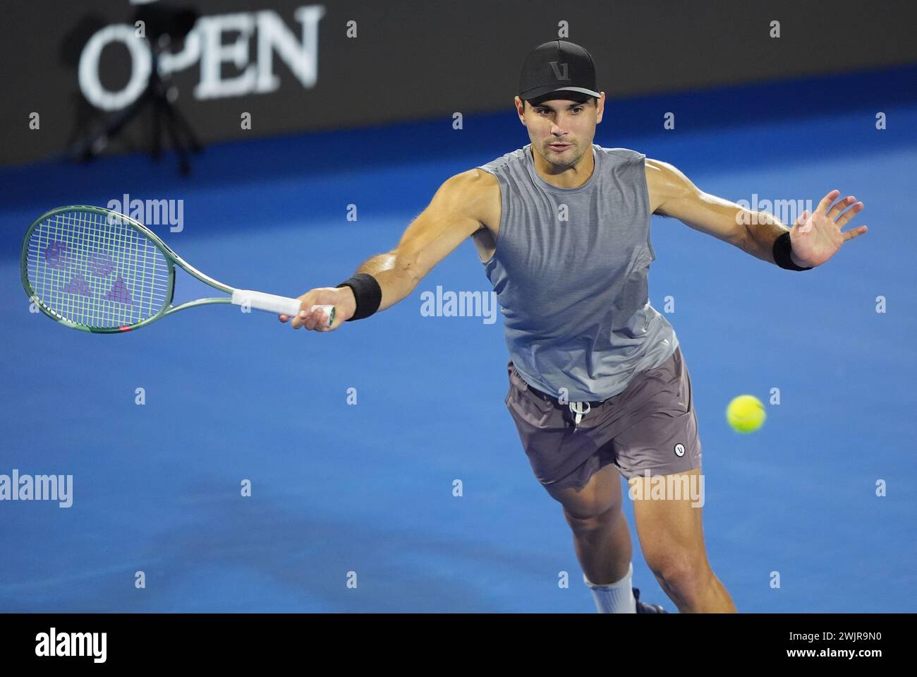 Delray Beach, Florida, USA. 16th Feb, 2024. February, 16 - Delray Beach, FL: Marcos Giron(USA) in action here, defeats Patrick Kypson(USA) during the first round of the 2024 Delray Beach Open at the Delray Beach Tennis Center. (Credit Image: © Andrew Patron/ZUMA Press Wire) EDITORIAL USAGE ONLY! Not for Commercial USAGE! Stock Photo