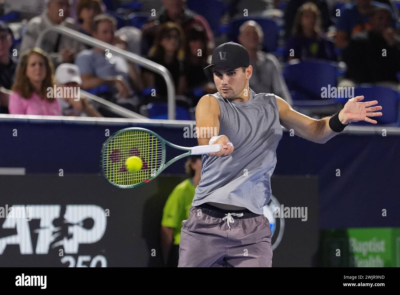 Delray Beach, Florida, USA. 16th Feb, 2024. February, 16 - Delray Beach, FL: Marcos Giron(USA) in action here, defeats Patrick Kypson(USA) during the first round of the 2024 Delray Beach Open at the Delray Beach Tennis Center. (Credit Image: © Andrew Patron/ZUMA Press Wire) EDITORIAL USAGE ONLY! Not for Commercial USAGE! Stock Photo