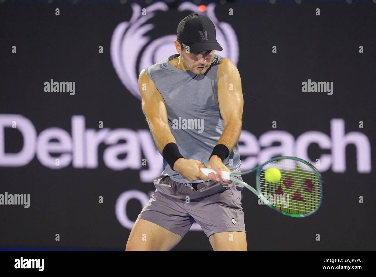 Delray Beach, Florida, USA. 16th Feb, 2024. February, 16 - Delray Beach, FL: Marcos Giron(USA) in action here, defeats Patrick Kypson(USA) during the first round of the 2024 Delray Beach Open at the Delray Beach Tennis Center. (Credit Image: © Andrew Patron/ZUMA Press Wire) EDITORIAL USAGE ONLY! Not for Commercial USAGE! Stock Photo