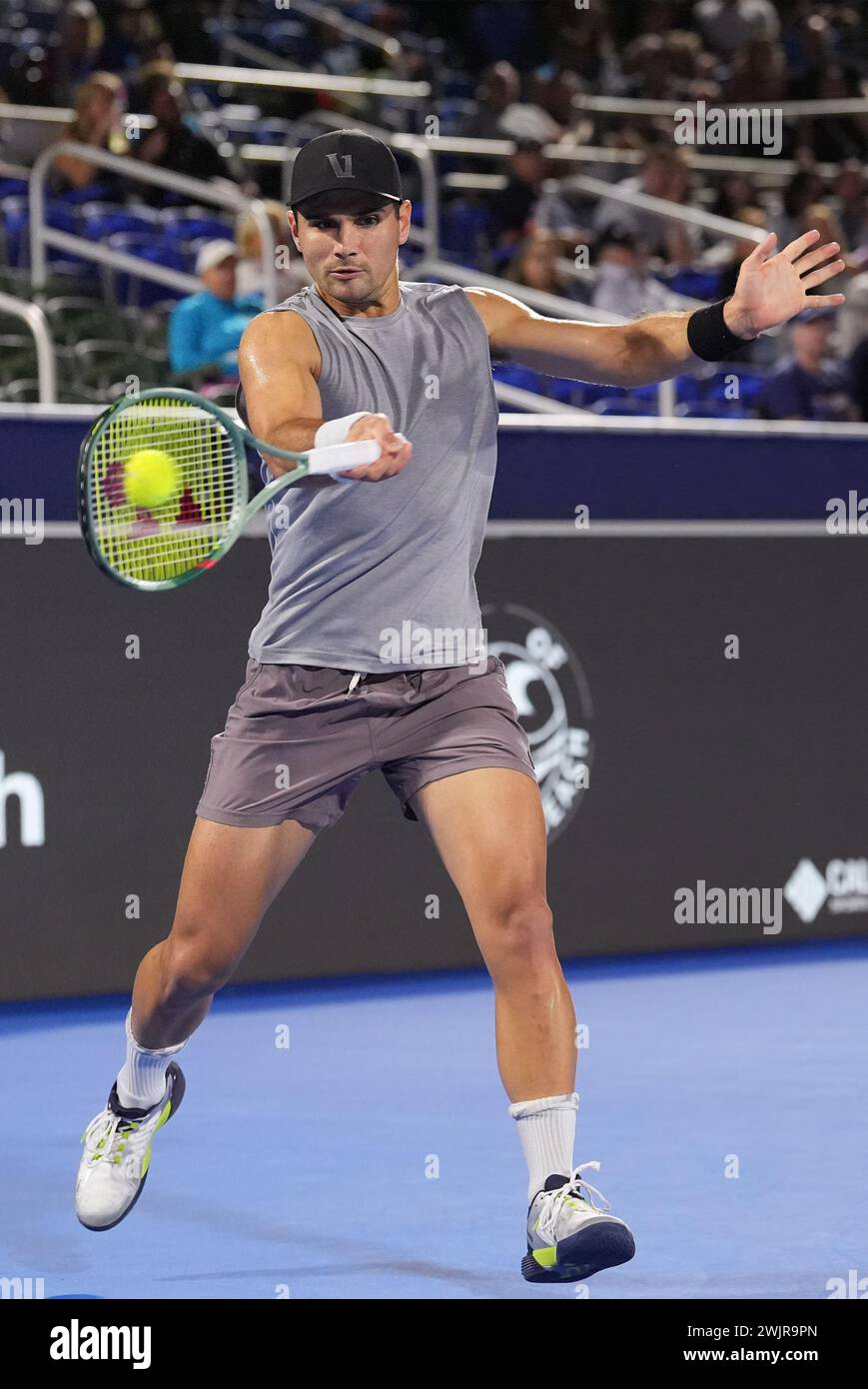 Delray Beach, Florida, USA. 16th Feb, 2024. February, 16 - Delray Beach, FL: Marcos Giron(USA) in action here, defeats Patrick Kypson(USA) during the first round of the 2024 Delray Beach Open at the Delray Beach Tennis Center. (Credit Image: © Andrew Patron/ZUMA Press Wire) EDITORIAL USAGE ONLY! Not for Commercial USAGE! Stock Photo