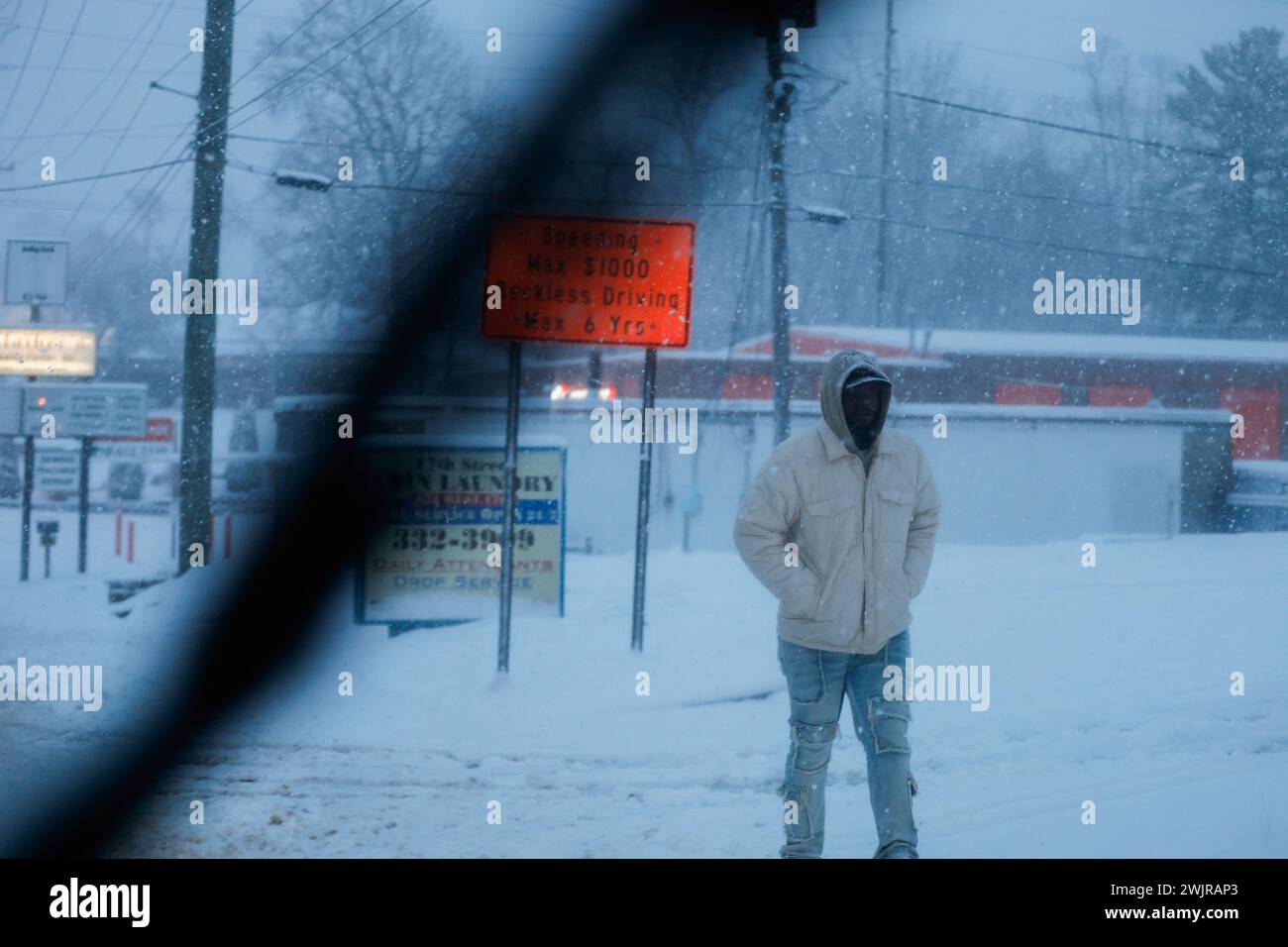 Bloomington, United States. 16th Feb, 2024. Pedestrian walks on 17th